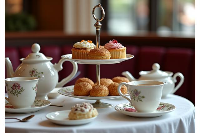 Traditional afternoon tea setup with pastries, scones, and teacups