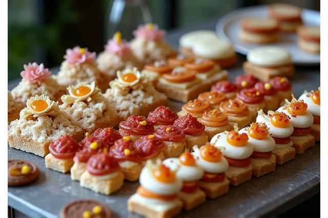 Elegant catering spread with various pastries, sandwiches, and small bites