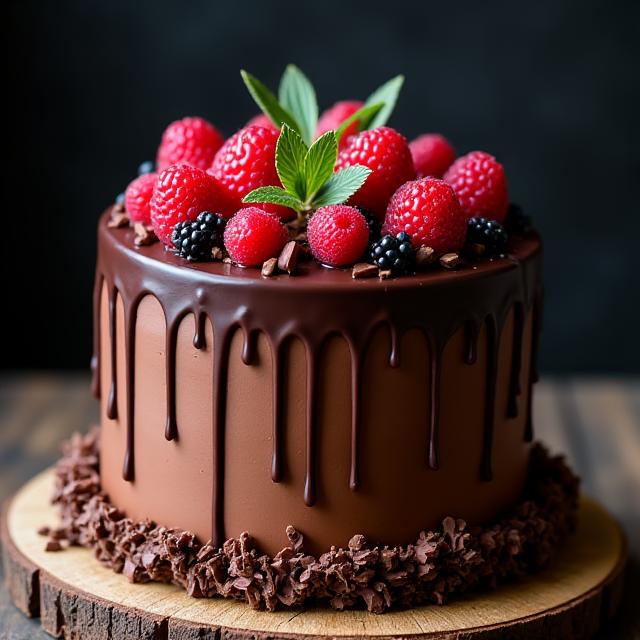 Modern custom drip cake with chocolate and berries
