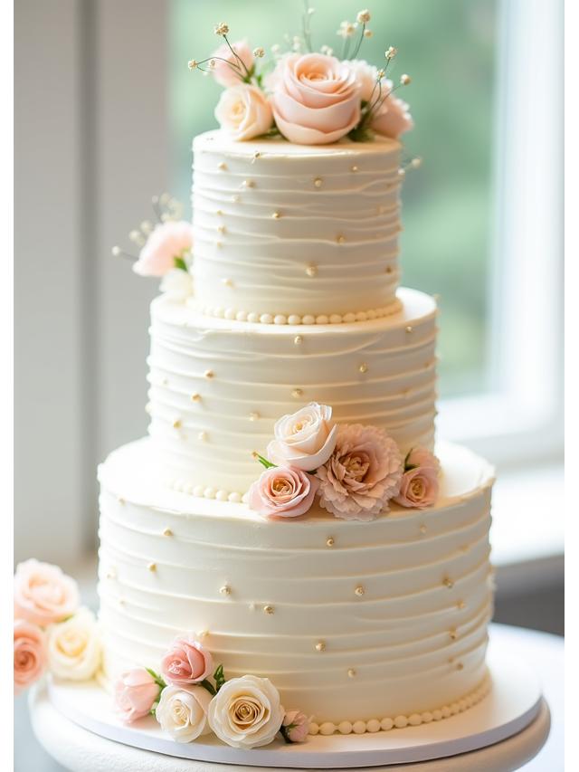 Beautifully decorated multi-tier wedding cake with floral accents