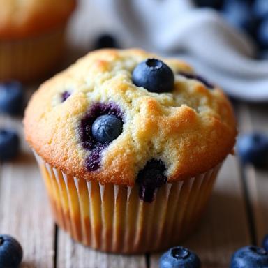 Close-up of a golden-brown blueberry muffin with sugar crumble
