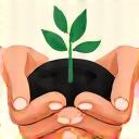 Icon of a sprouting plant in hands, representing sustainability and care.